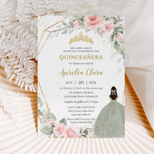 Invitación Moda Floral Rosa Sage Green Princesa Quinceañera