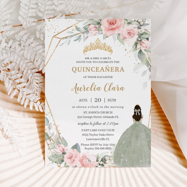 Invitación Moda Floral Rosa Sage Green Princesa Quinceañera (Subido por el creador)