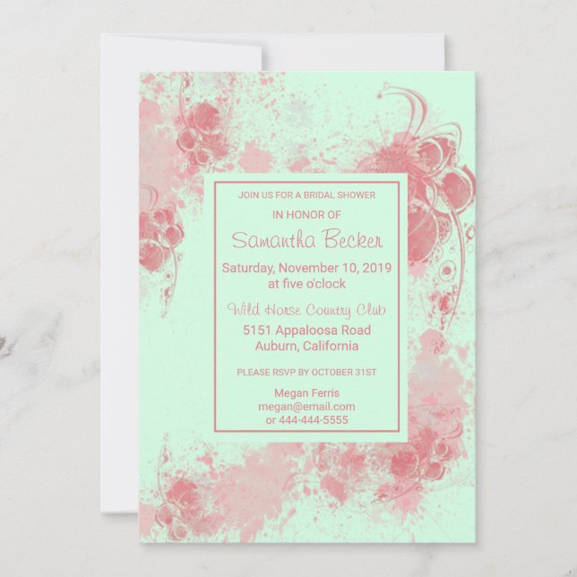 Invitación Moda Floral Rubor Paint Splatter Bridal Shower (Anverso)