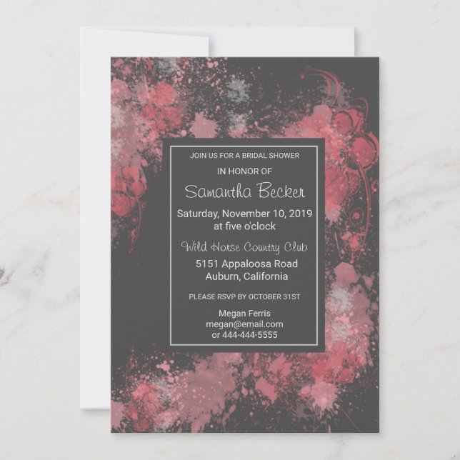 Invitación Moda Floral Rubor Paint Splatter Bridal Shower (Anverso)