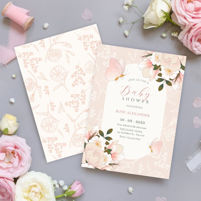 Invitación Moda floral suave rosa de la ducha de bebé (Subido por el creador)