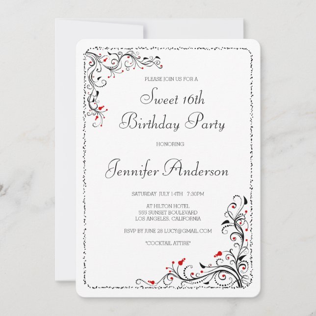 Invitación Moda Floral Swirls Dulce Fiesta de Cumpleaños (Anverso)