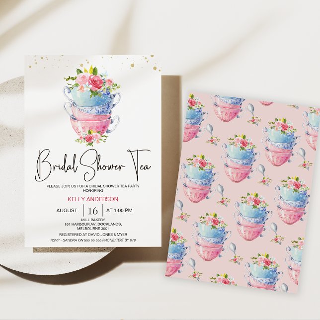 Invitación Moda Floral tazas de té Fiesta de té ducha de novi (Bridal Tea Party Invitation, Floral High Tea Shower Invite, Tea Cups Floral Bridal Shower Invite, )
