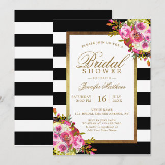 Invitación Moda floral Tiras blancas negras Ducha Bridal