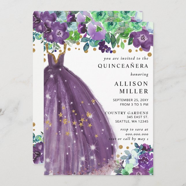 Invitación Moda floral Vestido Purpurina de oro púrpura QUINC (Anverso / Reverso)