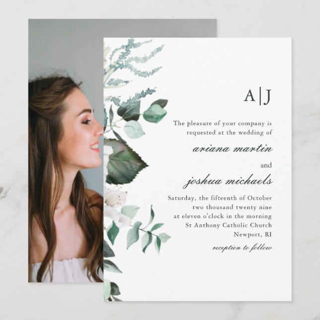 Invitación Moda Floral y verde Monograma Boda fotográfico en (Anverso / Reverso)