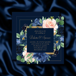 Invitación Moda florece Azul de la Marina Oscura y guirnald