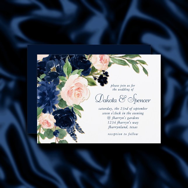 Invitación Moda florece | Azul marino y floral rosa Rubor (Subido por el creador)
