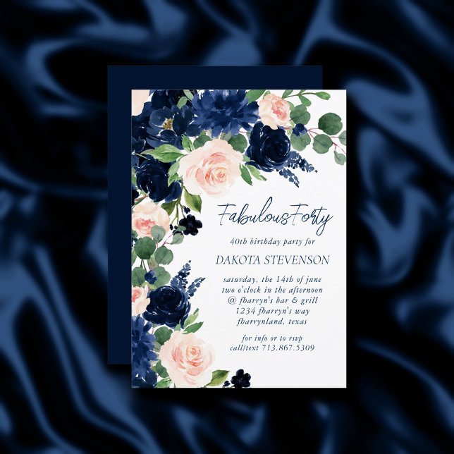 Invitación Moda florece | Azul marino y guirnalda rosa Rubor (Subido por el creador)
