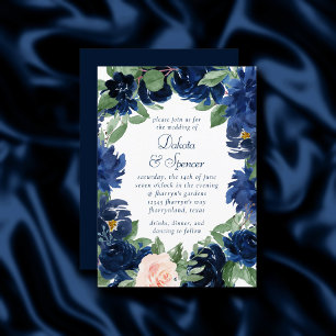 Invitación Moda florece   Boda floral Naval Azul y Rubor