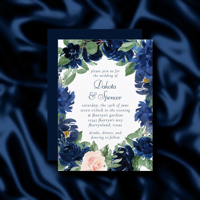Invitación Moda florece | Boda floral Naval Azul y Rubor (Subido por el creador)