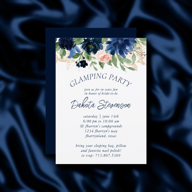 Invitación Moda florece | Fiesta de glamping azul marino y Ru (Subido por el creador)