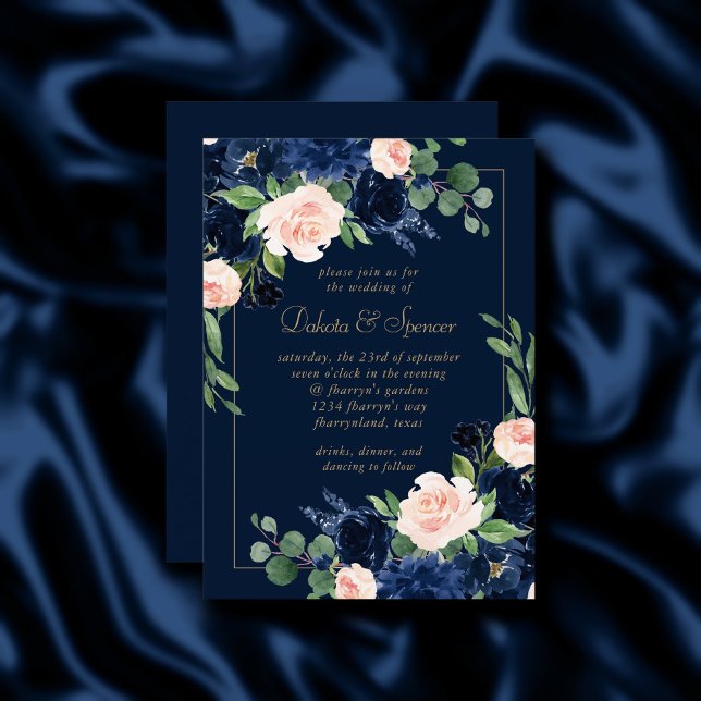 Invitación Moda florece | Floral rosa azul de la Marina Oscur (Subido por el creador)