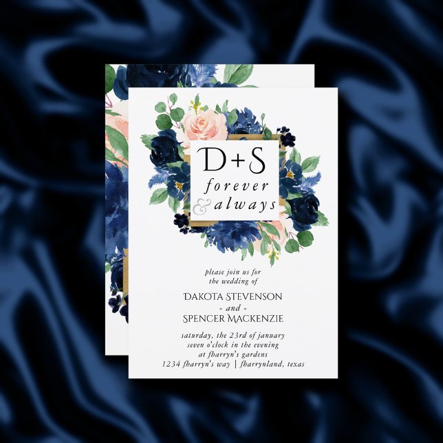 Invitación Moda florece | Foto monograma azul marino y Rubor (Subido por el creador)