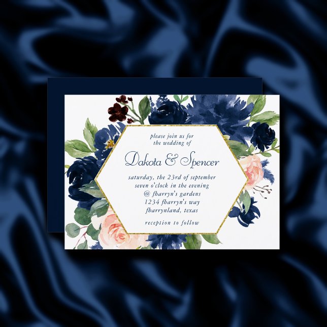Invitación Moda florece | Marco dorado azul marino y rosa Rub (Subido por el creador)