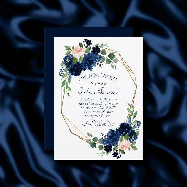 Invitación Moda florece | Nacimiento azul marino y Rubor rosa (Subido por el creador)
