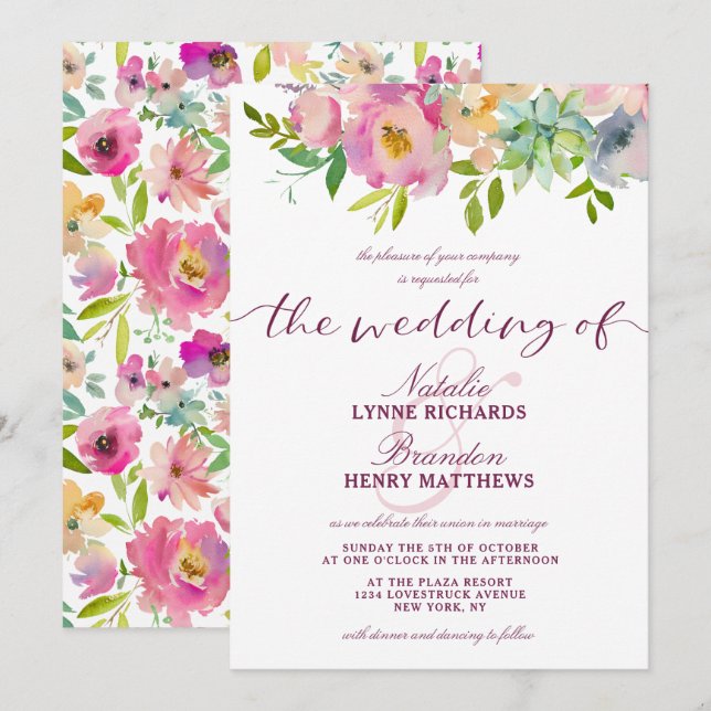 Invitación Moda floreciente Mint y Boda Floral Rosa Rubor (Anverso / Reverso)