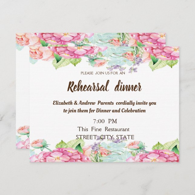 Invitación Moda Flores acuáticas Boda ensayo Cena (Anverso / Reverso)