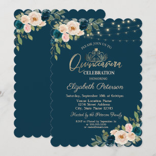 Invitación Moda Flores Azules Luces de cuerda Quinceañera