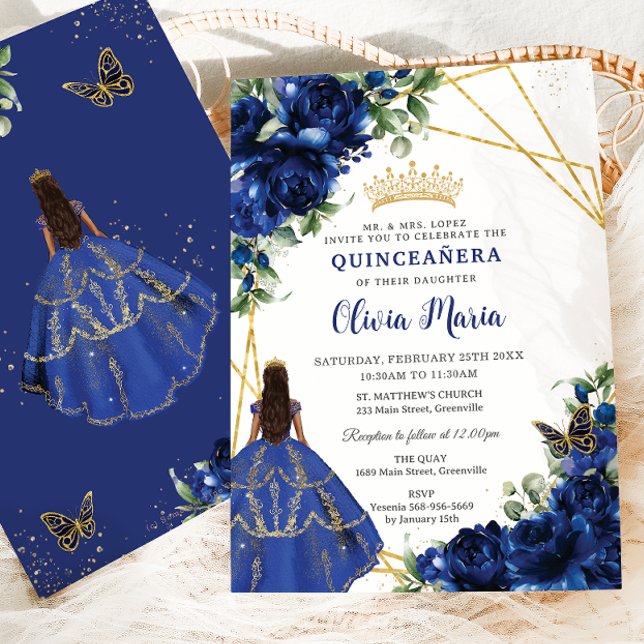 Invitación Moda Flores azules reales princesa marrón Quinceañ (Subido por el creador)