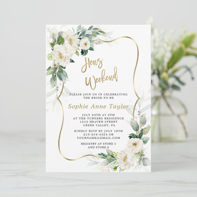 Invitación Moda Flores Blancas Gold Hens Bachelorette Weekend (Anverso de pie)