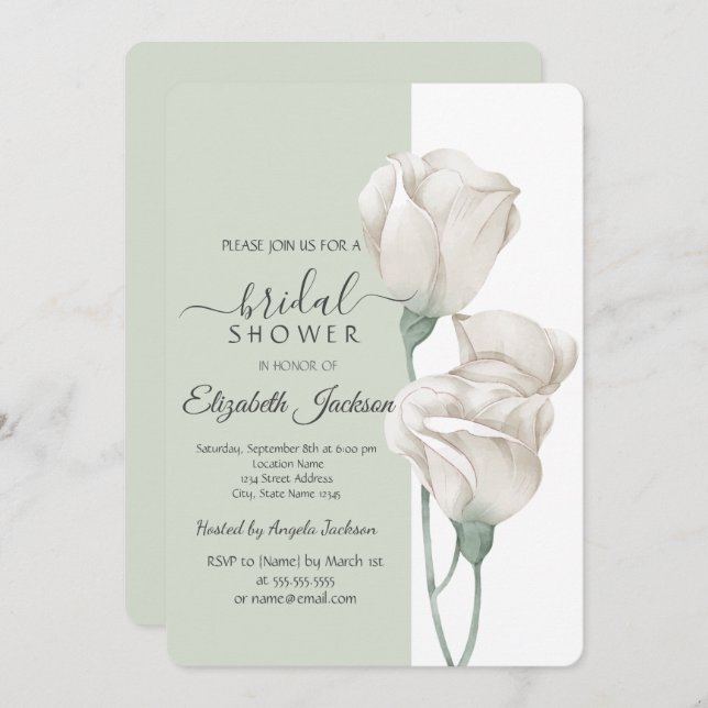 Invitación Moda Flores Blancas Rosas Ducha Bridal (Anverso / Reverso)