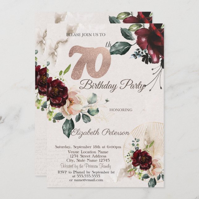 Invitación Moda Flores de Borgoña 70 cumpleaños (Anverso / Reverso)