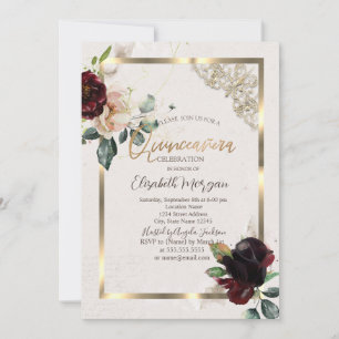 Invitación Moda Flores de Borgoña Marco dorado Quinceañera