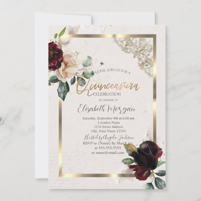Invitación Moda Flores de Borgoña Marco dorado Quinceañera (Anverso)