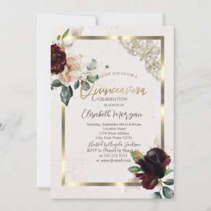 Invitación Moda Flores de Borgoña Marco dorado Quinceañera