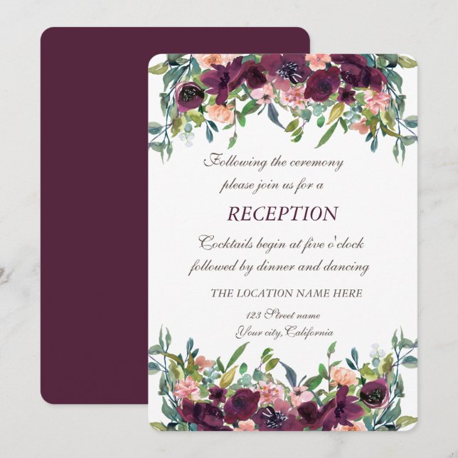 Invitación Moda Flores de Borgoña Recepción de bodas (Anverso / Reverso)