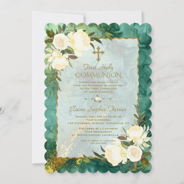 Invitación Moda Flores de Crema Blanca Oro Primero Santa Comu (Anverso)