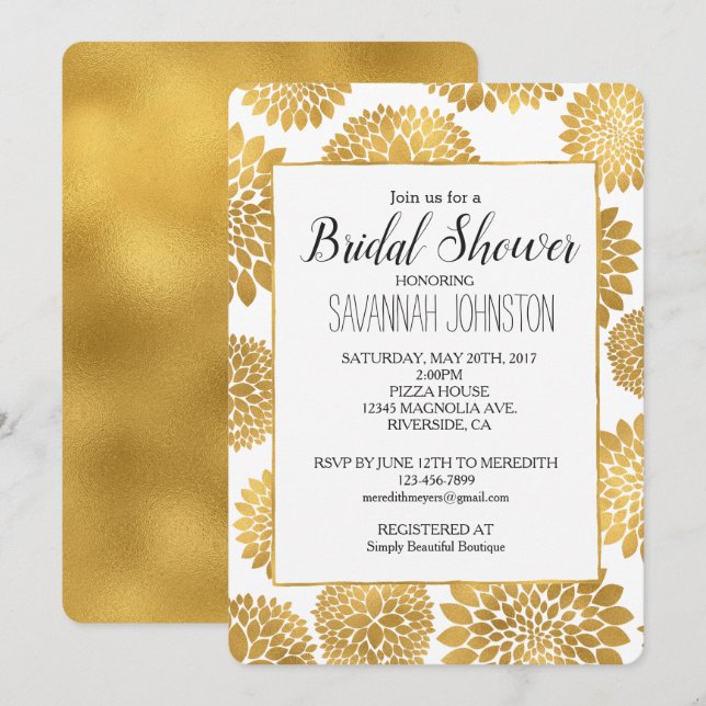 Invitación Moda Flores de oro ducha de novia (Anverso / Reverso)
