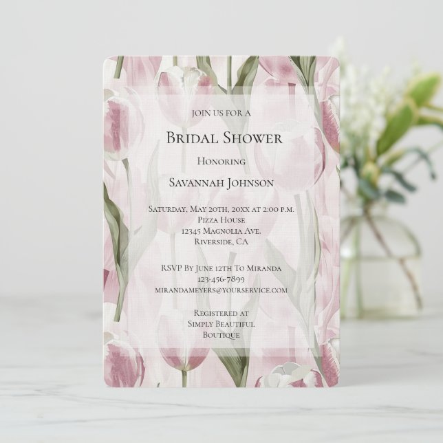 Invitación Moda Flores De Tulipanes Blancos Rosados Ducha Bri (Anverso de pie)