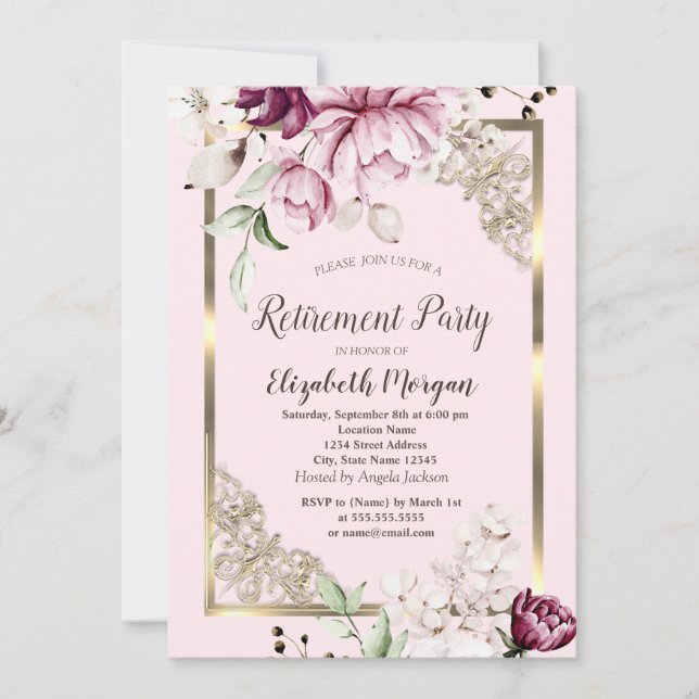 Invitación Moda Flores Lilac Retirada del Marco Oro (Anverso)