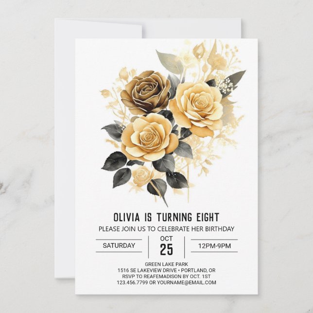 Invitación Moda Flores Oro y Nacimiento Negro (Anverso)