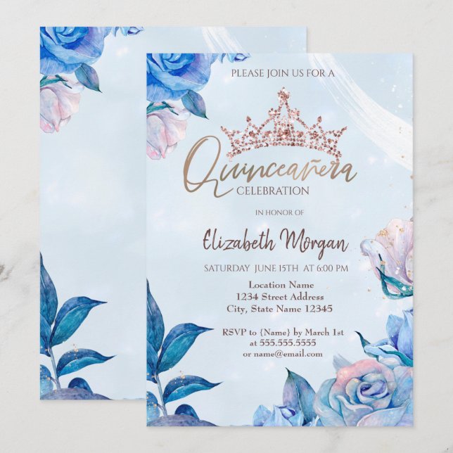 Invitación Moda Flores Purpurinas Rosas coronan quinceañera (Anverso / Reverso)