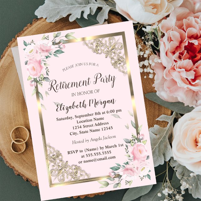Invitación Moda Flores Rosa Jubilación De Marco Oro (Subido por el creador)