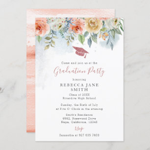 Invitación Moda Flores Rosa Rosa Gorra Oro Graduación