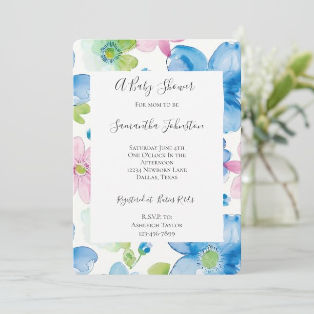 Invitación Moda Flores rosas azules Baby Shower (Anverso de pie)