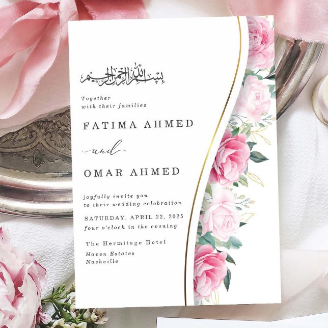 Invitación Moda Flores rosas follan Boda islámico musulmán (Subido por el creador)
