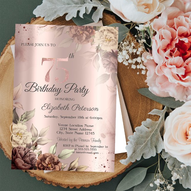 Invitación Moda Flores Rústicas Rosa Oro 75 cumpleaños (Subido por el creador)