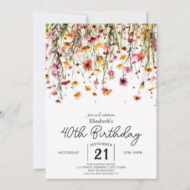 Invitación Moda Flores salvajes botánicas 40 cumpleaños (Anverso)