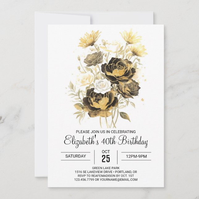 Invitación Moda Flores silvestres oro y negro 30 cumpleaños (Anverso)