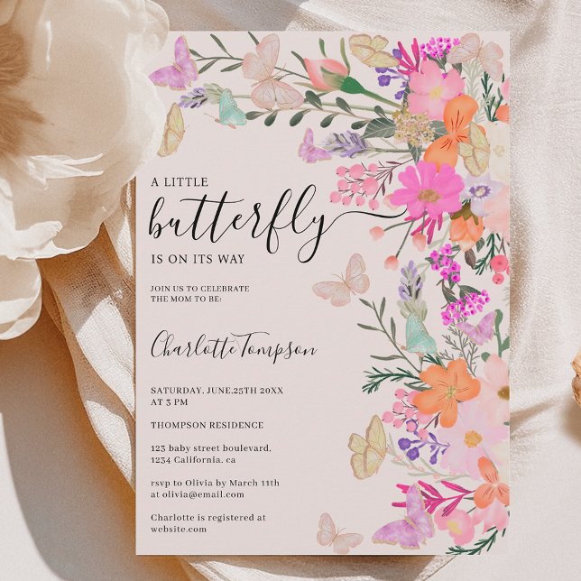 Invitación Moda flores silvestres primavera mariposa ducha be (Chic wildflowers spring butterfly baby shower invitation)