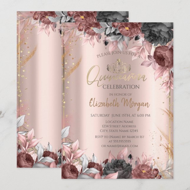 Invitación Moda Flores Tiara, Diamantes Rosa Oro Quinceañera (Anverso / Reverso)