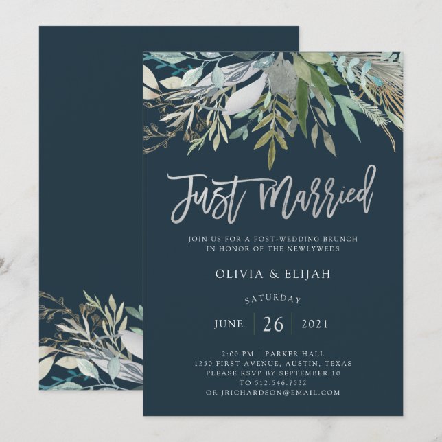 Invitación Moda Foliage | Azul oscuro recién casado (Anverso / Reverso)