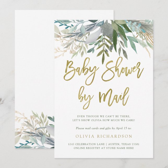 Invitación Moda Foliage| Baby Shower por Mail Gold Script (Anverso / Reverso)