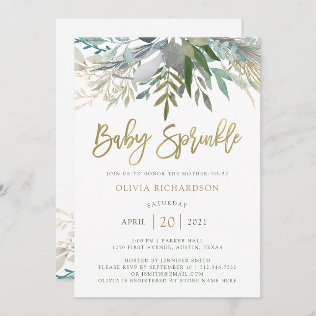 Invitación Moda Foliage| Baby Sprinkle con código de oro fals (Anverso / Reverso)
