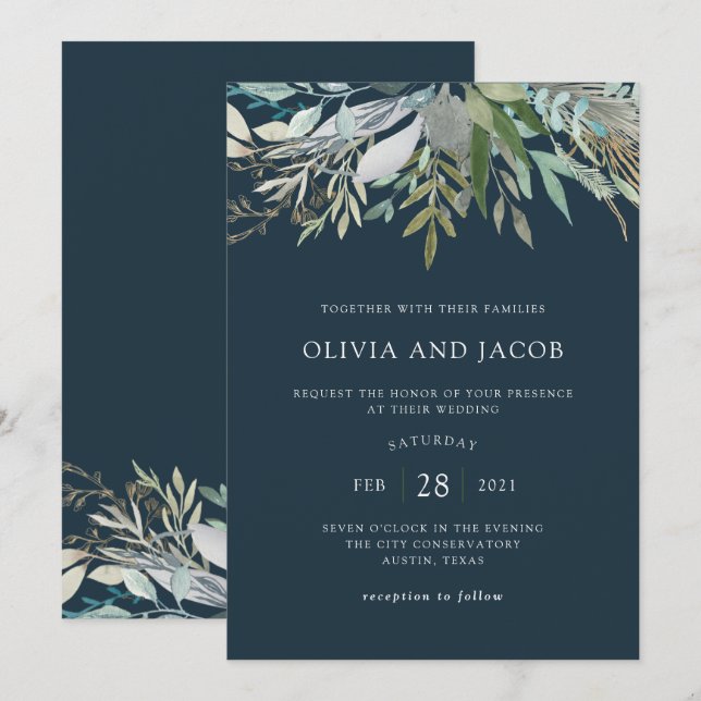 Invitación Moda Foliage | Boda azul oscuro (Anverso / Reverso)